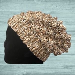 Handmade Gold Brown and White Bubble Crochet Beanie Winter Hat